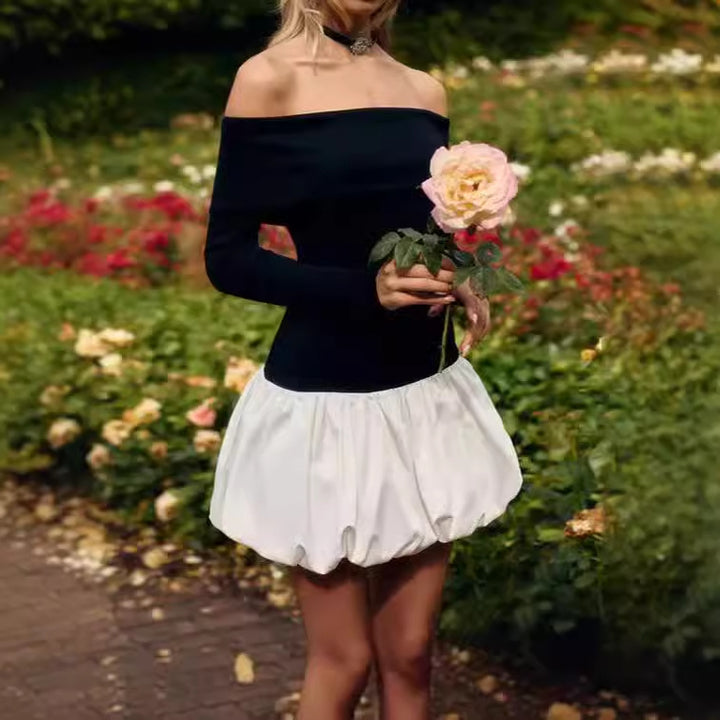 Off-the-shoulder mini dress for women with voluminous skirt and long sleeves Lune London
