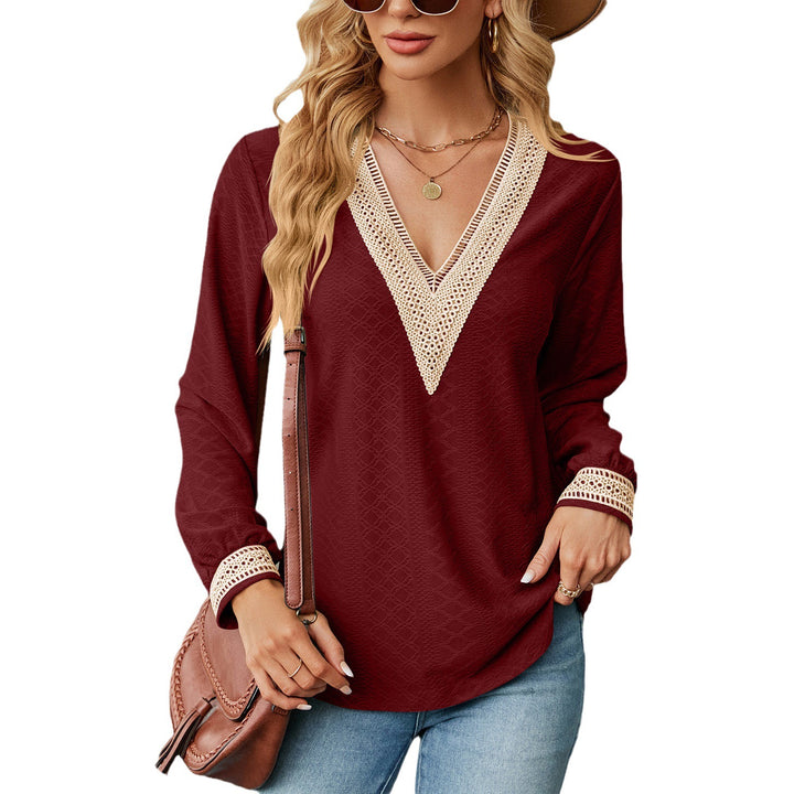 Long sleeve blouse shirt for women with decorative V-neck and crochet elements Lune London