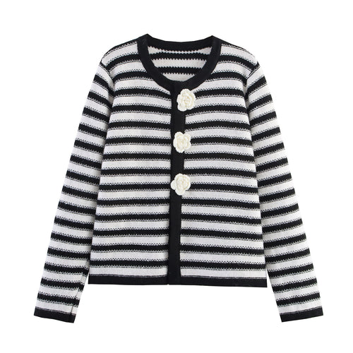 Striped knit jacket for ladies with floral button details Lune London