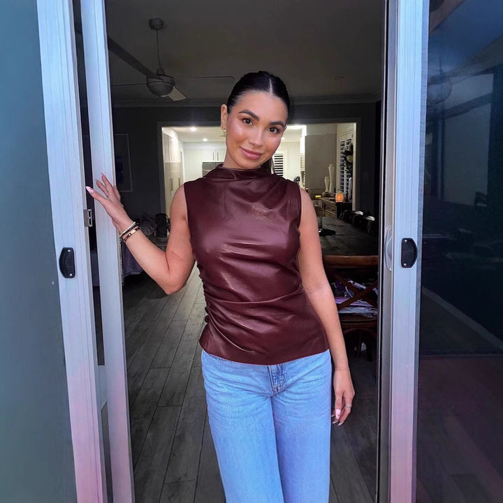 Ladies Elegant Top in high-quality faux leather with asymmetrical cut Lune London