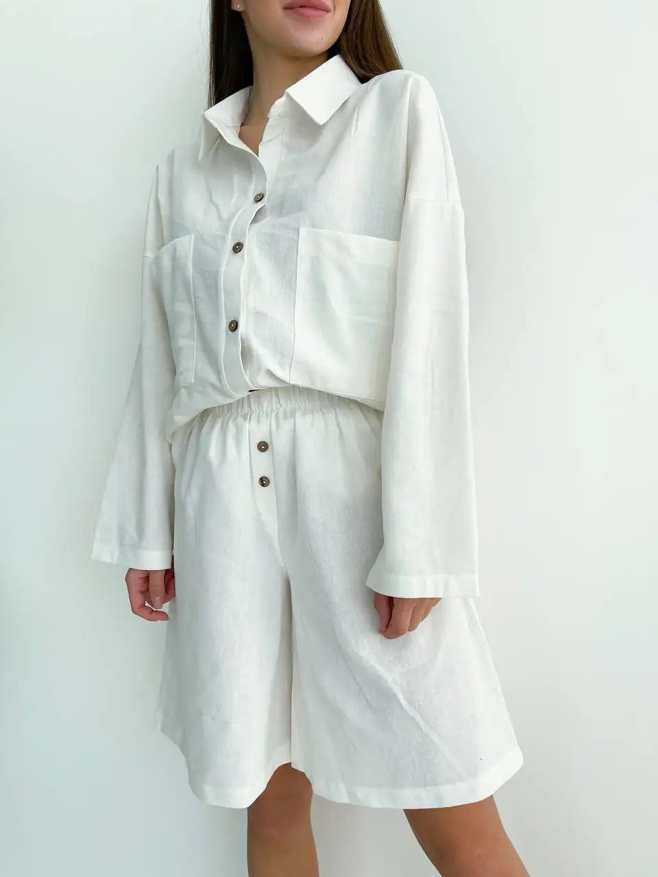 Casual button-up blouse for women and elastic waist shorts set Lune London