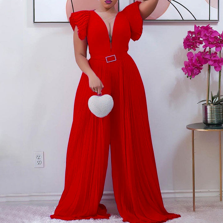 Ladies Pleated Pants with Deep V-neck and Fitted Belt Lune London