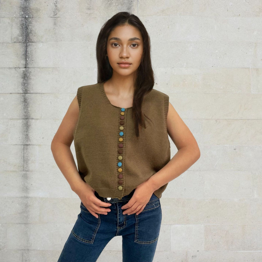 Ladies sleeveless knit vest with decorative buttons Lune London