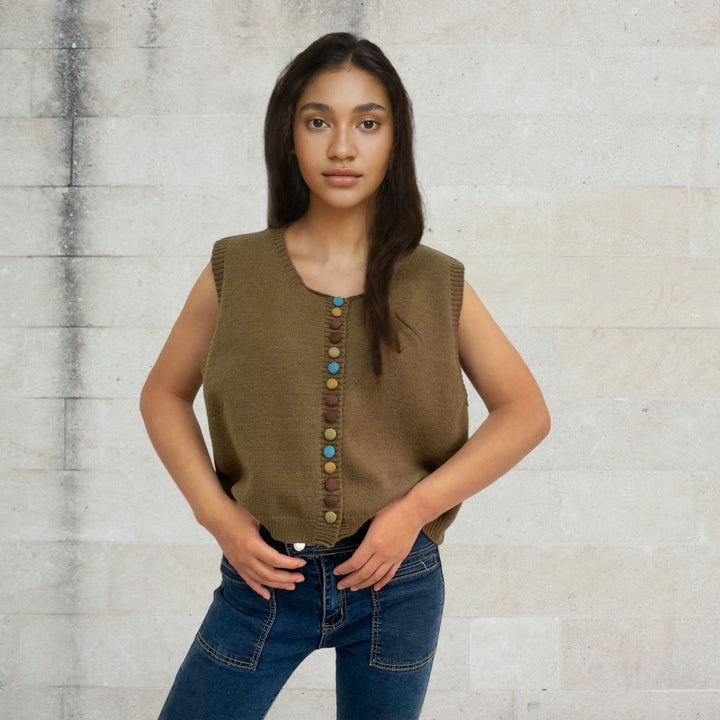 Ladies sleeveless knit vest with decorative buttons Lune London