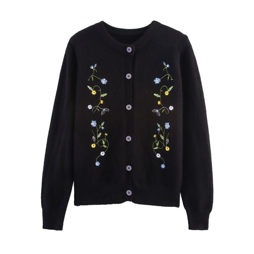 Knitted women's jacket with embroidered floral design and decorative buttons Lune London