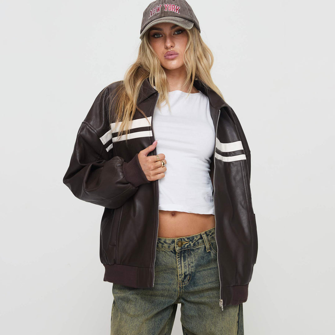 Faux leather fashion jacket for women with a sporty striped design and a relaxed fit Lune London