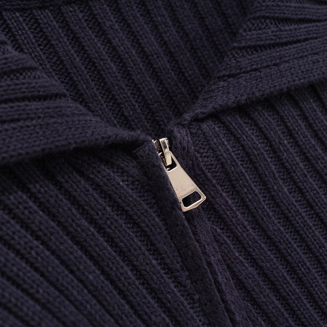 Ribbed knit jacket for women with large collar and asymmetric zipper Lune London