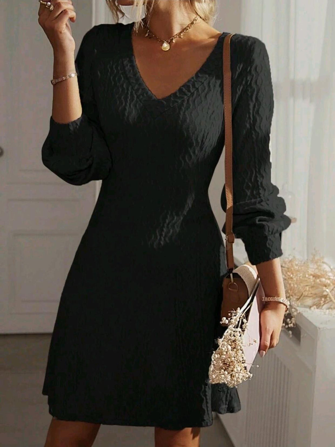 Wrap dress for women with structured pattern and V-neck Lune London