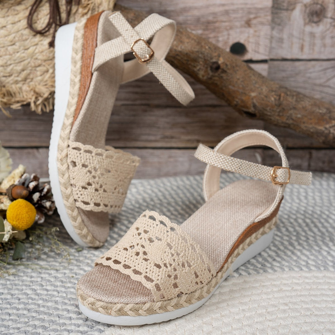 Wedge sandals for women with floral crochet pattern and anti-slip sole Lune London