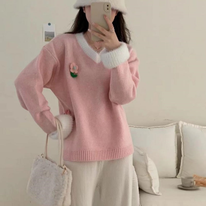 Viscose Sweater for Women with V-Neck and Chic Flower Embroidery and Style