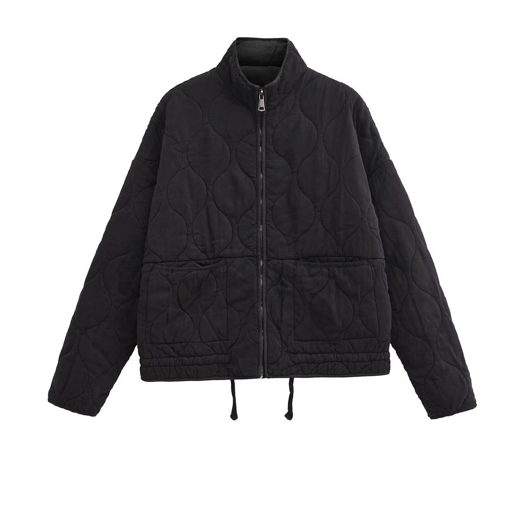 Ladies quilted transition jacket with high collar and practical pockets Lune London