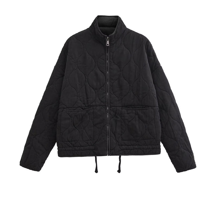 Ladies quilted transition jacket with high collar and practical pockets Lune London