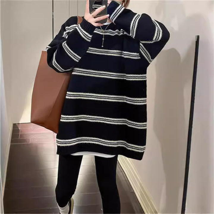 Ladies Large knitted sweater with chic nautical stripes and style