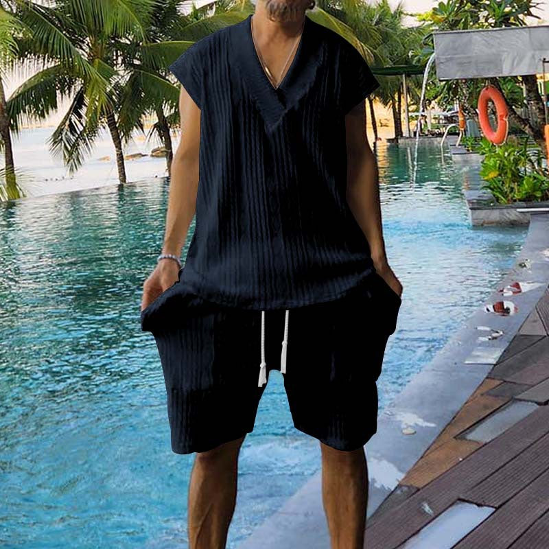 Casual set for men with short sleeve top and shorts featuring structured design Lune London
