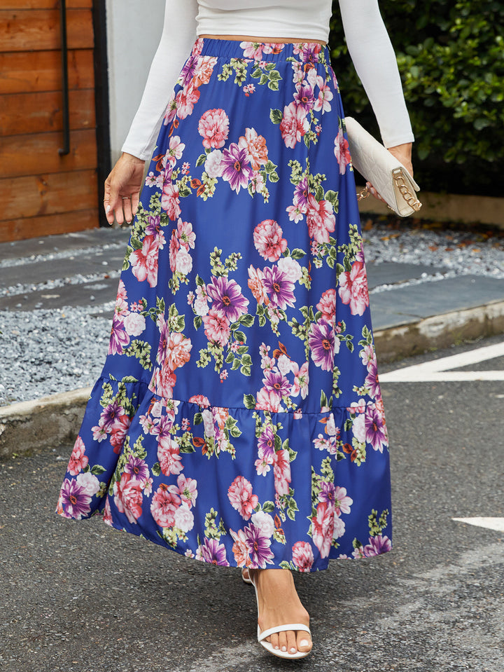 Maxi skirt for ladies with floral ruffle details and an elastic waistband Lune London