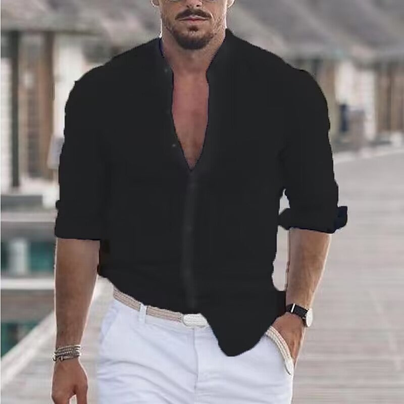 Casual linen shirt for men with modern stand-up collar and roll-up sleeves Lune London