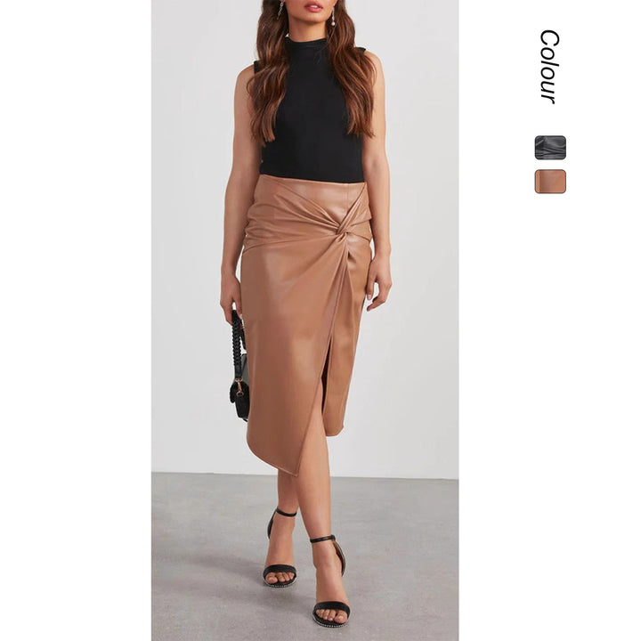 Women's faux leather skirt with asymmetrical cut and decorative knot Lune London