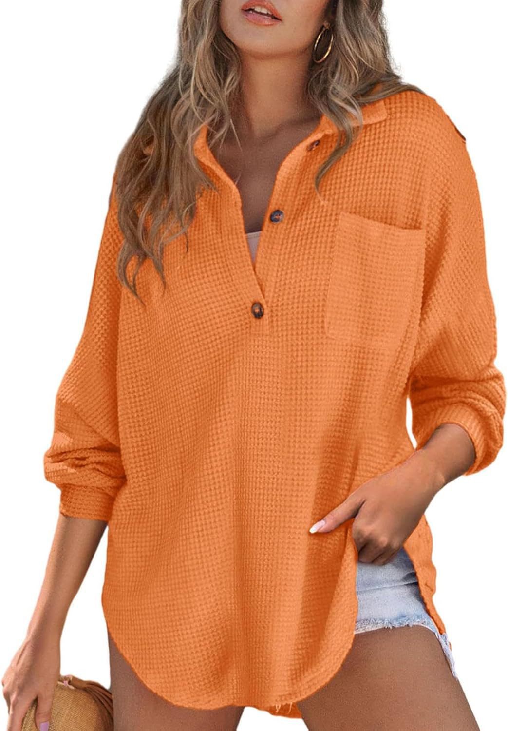 Women's casual ribbed knit top with button placket Lune London
