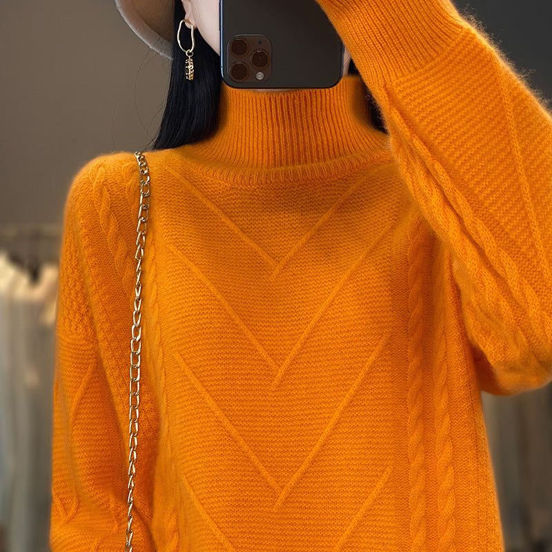 Ladies chunky knit sweater with innovative braid pattern and high turtleneck Lune London