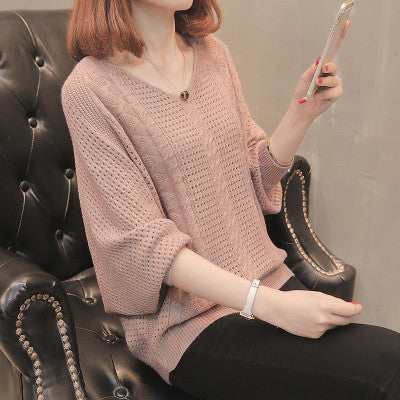Lightweight knitted sweater for women with V-neck and openwork pattern Lune London