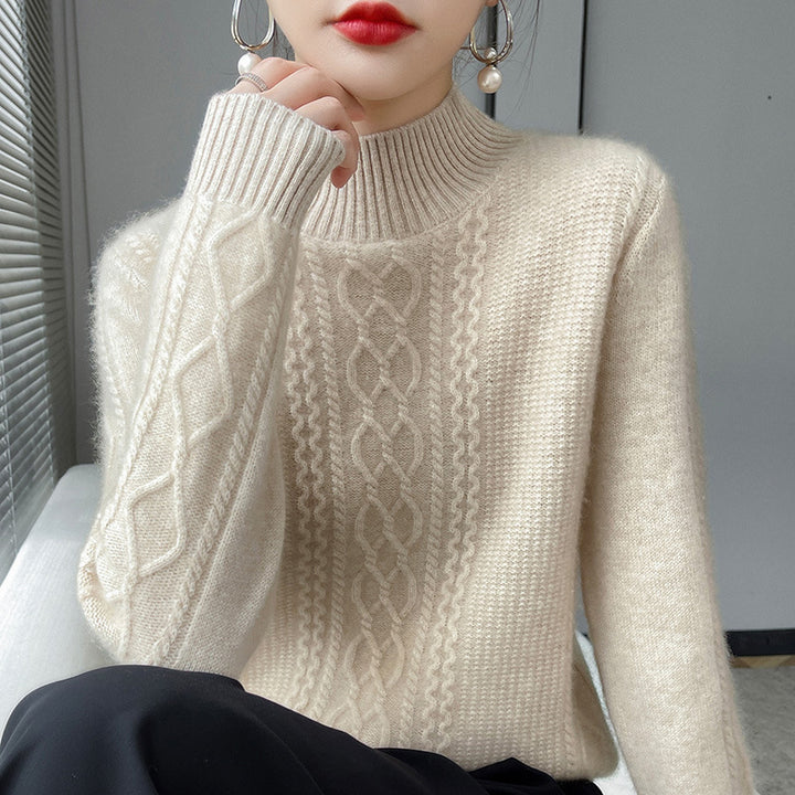 Womens knitted sweater with an elegant cable pattern and a high closed collar Lune London