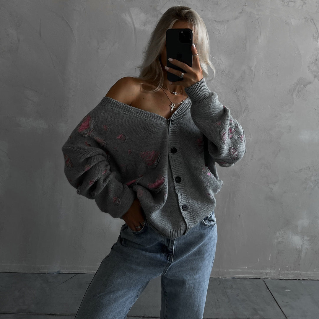 Oversized knit jacket for women with a floral design and a relaxed fit Lune London