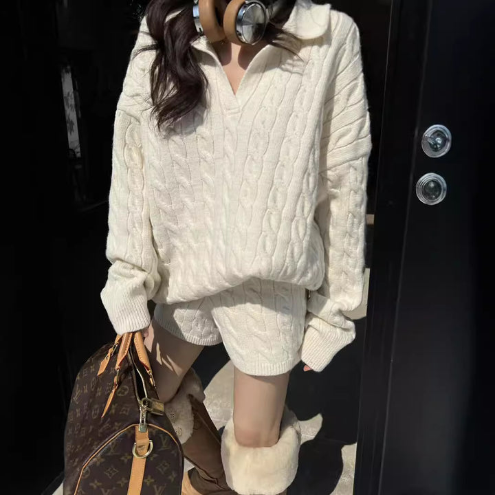 Knit sweater for women with trendy cable pattern and deep V-neck Lune London