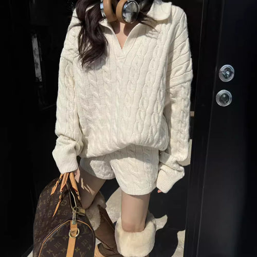 Knit sweater for women with trendy cable pattern and deep V-neck Lune London