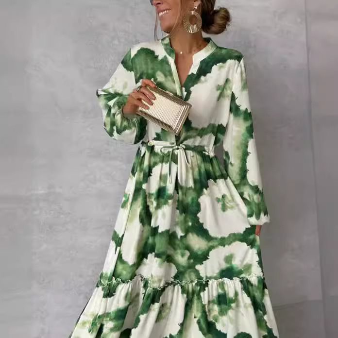 Maxi dress for women with a modern watercolor pattern and a voluminous skirt Lune London