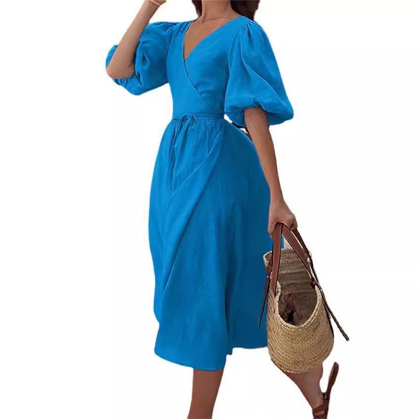 Maxi wrap dress for women with puff sleeves and a tie belt Lune London