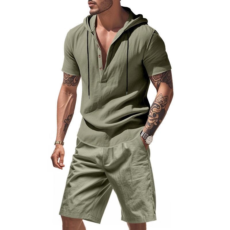 Men's Long Sleeve Casual Top with Button Placket and Chic and Stylish Shorts