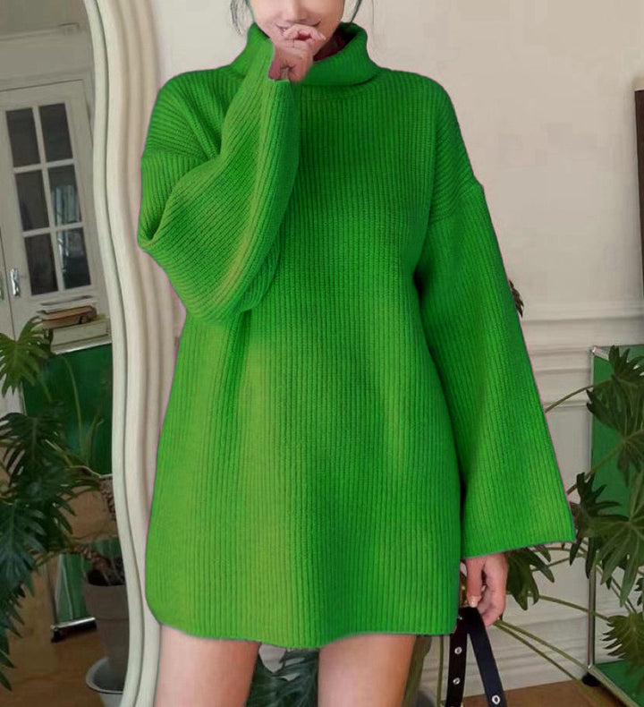 Ladies Long Knit Sweater with High Collar and Flared Sleeves Lune London