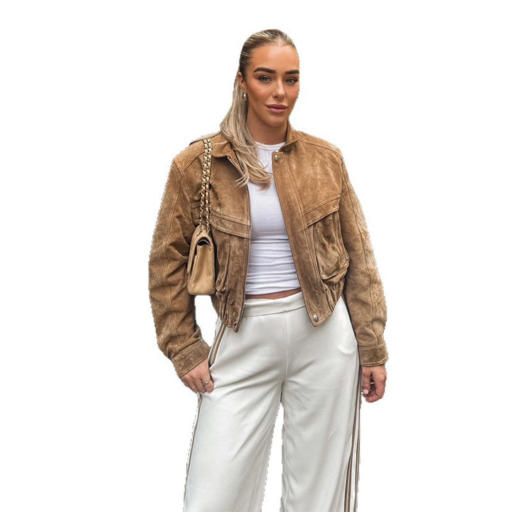 Suede jacket for women in a modern cropped style with pockets Lune London