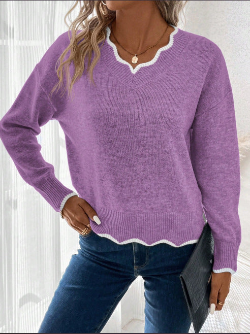 Pull décontracté pour femmes à col en V avec ourlet festonné Chic & Stil