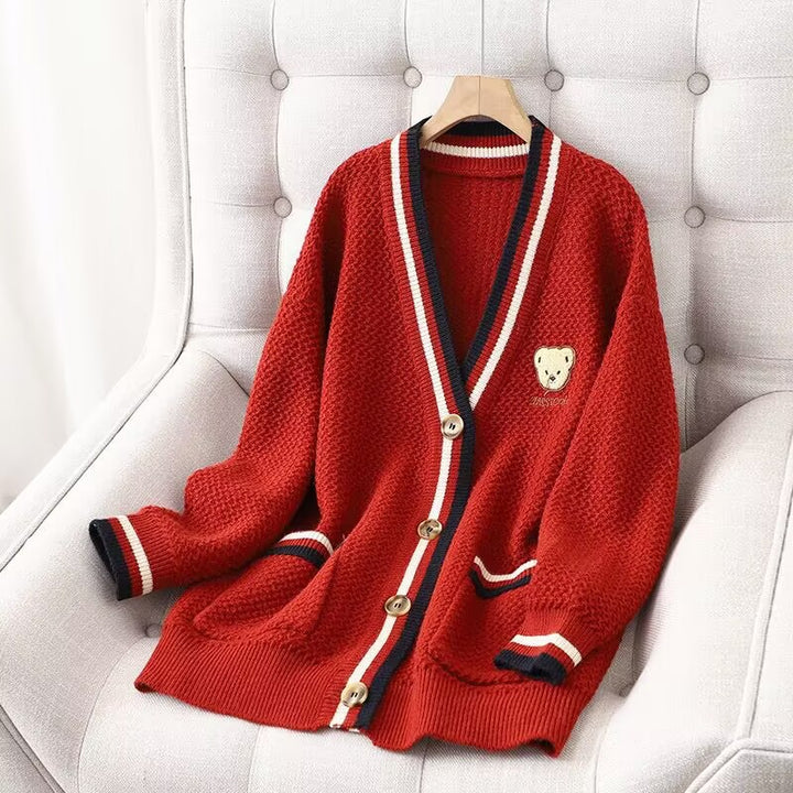 Knitted jacket for women with bear pattern and contrasting stripes Lune London