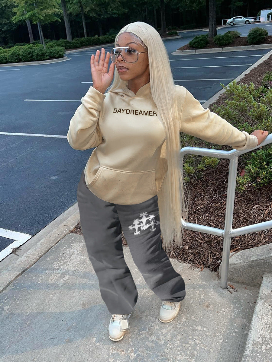 Casual hoodie and jogging pant set for women with modern inscription Lune London
