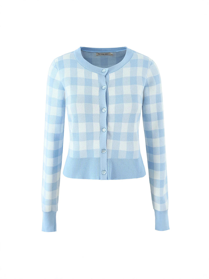 Ladies checked fashion cardigan with round collar and button closure Lune London