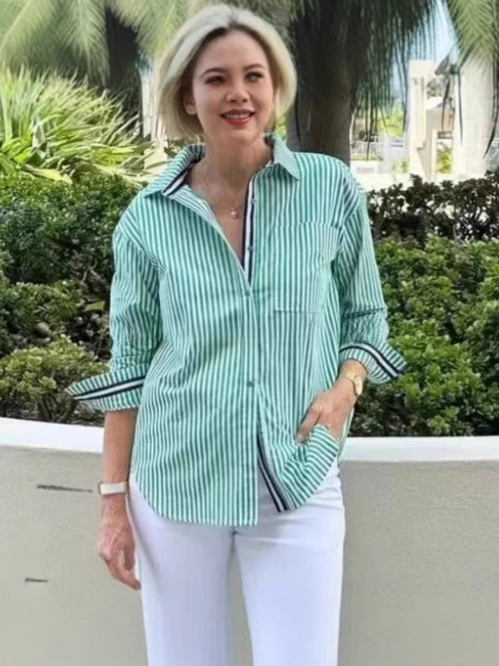 Striped long sleeve blouse for women with hidden button placket and loose fit Lune London
