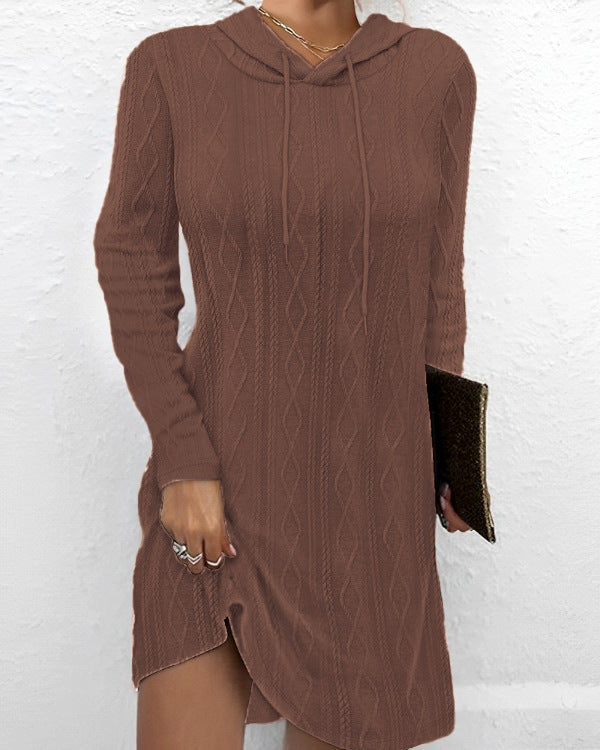 Hooded dress for women with elegant knit pattern and chic side slit Lune London