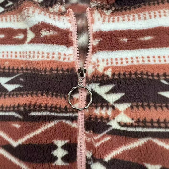 Ladies comfortable fleece jacket with a modern Aztec pattern Lune London