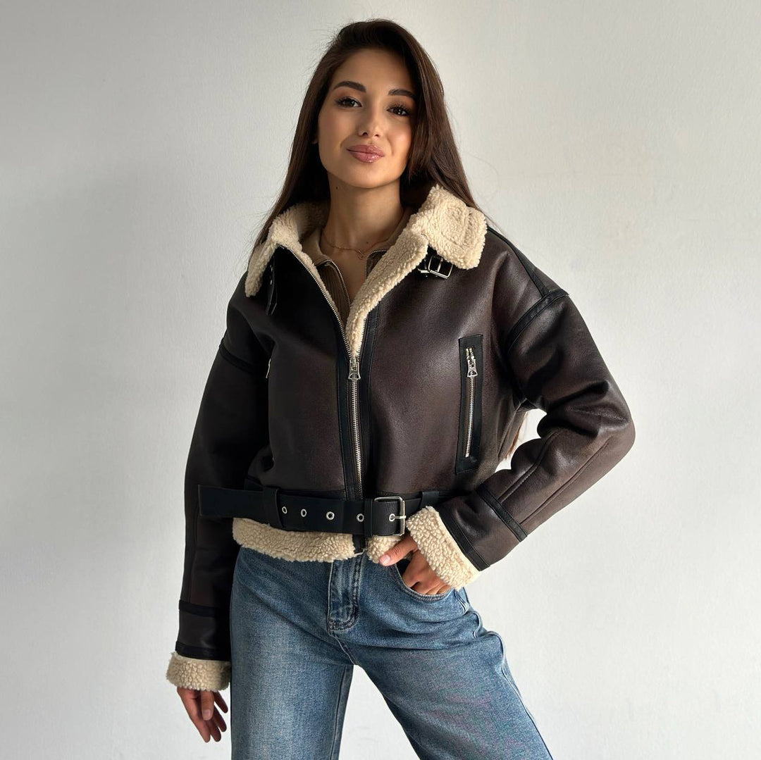 Faux leather jacket for women with high-quality fleece lining and sculpting belt Lune London
