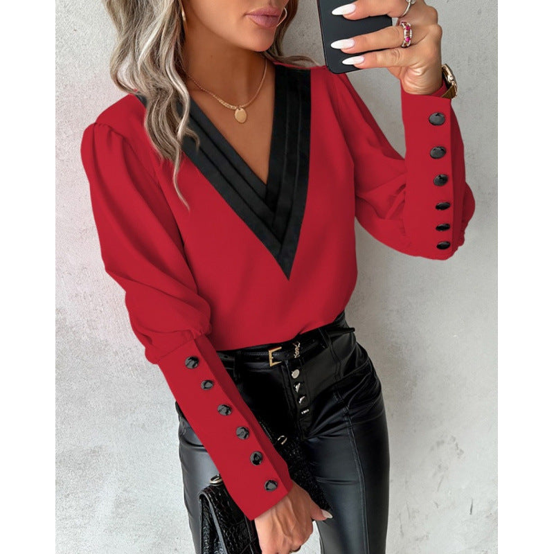 Women Elegant Blouse Cut with V Neck and Puff Sleeves Lune London