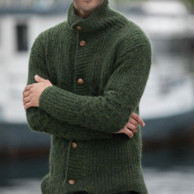 Men's knit jacket with decorative cable pattern and practical high collar Lune London
