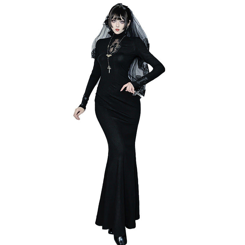 Women Elegant Long Evening Dress in Victorian Style with Lace Accents