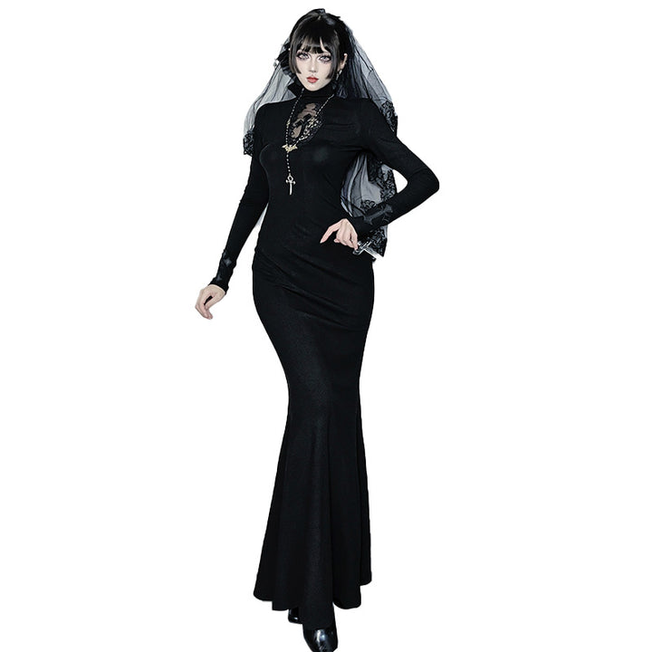 Women Elegant Long Evening Dress in Victorian Style with Lace Accents