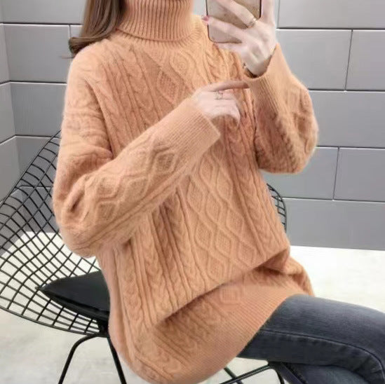 Chunky knit sweater for women with high collar and cable pattern Lune London