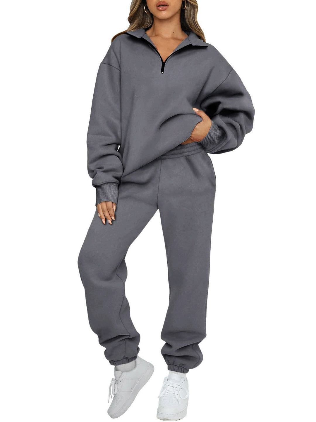 Women's comfortable sweatpants set with modern stand-up collar and kangaroo pocket Lune London