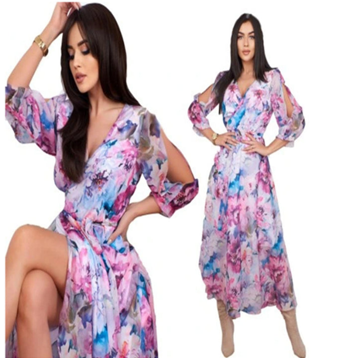 Ladies Maxi Long Dress with Floral Cut and Refined Sleeves Lune London