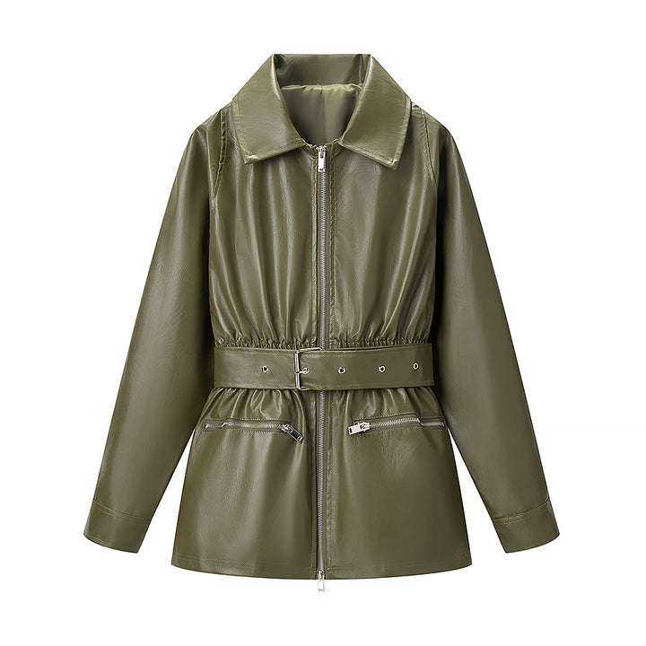 Veste pour femmes en simili cuir avec ceinture à la taille et poches zippées pratiques Chic & Stil