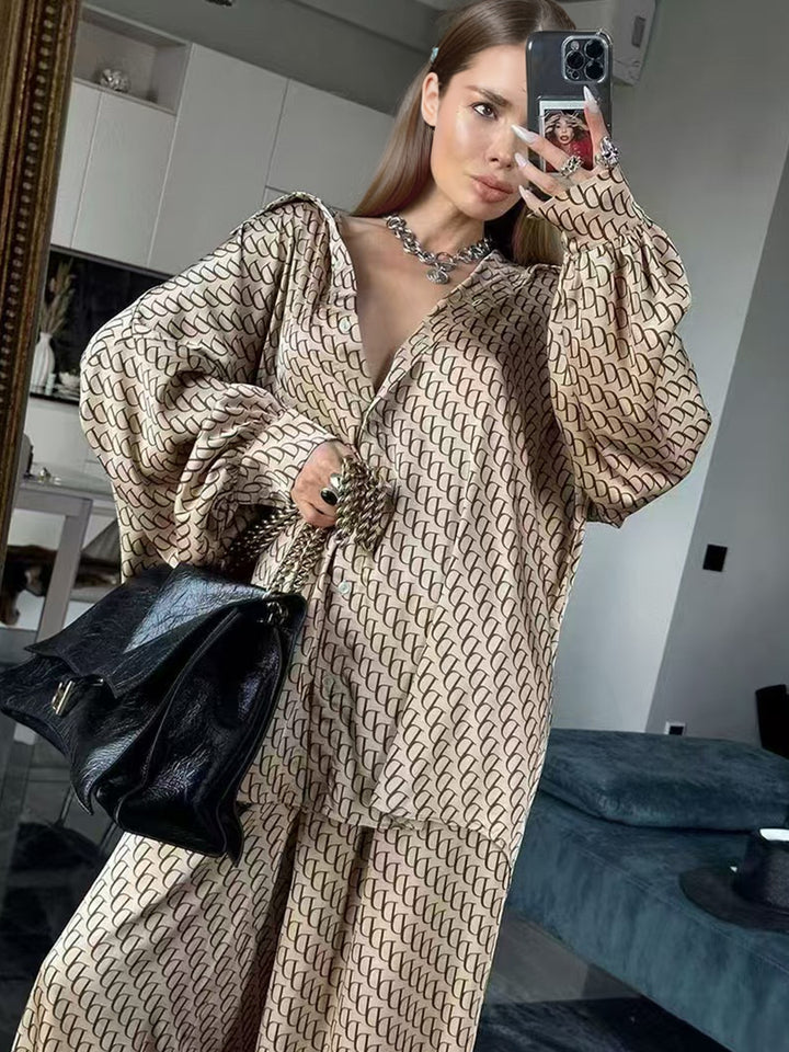 Long sleeve blouse for women with modern graphic print and elegant high collar Lune London